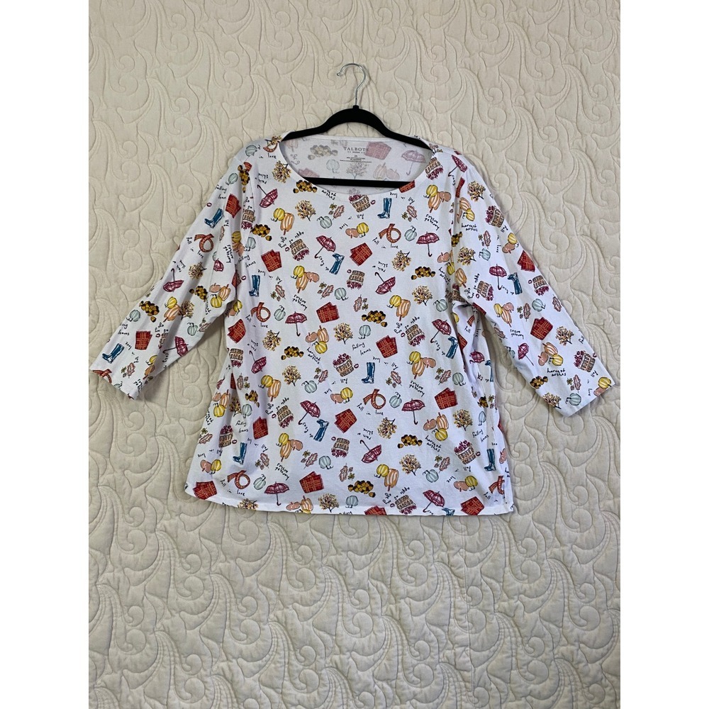 Talbots T Shirt Harvest Print Top Womens 2X Boatneck 3/4 Sleeve Autumn White Tee